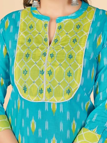 Image of Vbuyz Women's Printed & Embellished & Mirror Work Straight Cotton Stitched Kurta set | Straight Kurta Pant Dupatta | Kurta Set with Dupatta for Women | Suit Set | Ethnic Set | Printed Kurta Set