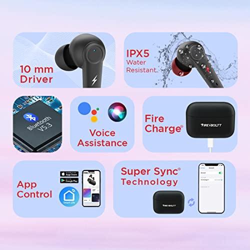 Image of Fireboltt Fire Pods Vega 811 TWS earbuds with captivating RGB lights, Bluetooth 5.3, Gaming Mode, Quad Mic ENC, and voice assistance (Black)