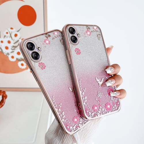 Image of Case for Galaxy A04e, Rose Gold Glitter Crystal Soft TPU Stylish Butterfly Floral Heart Clear Protective Cover with Strap