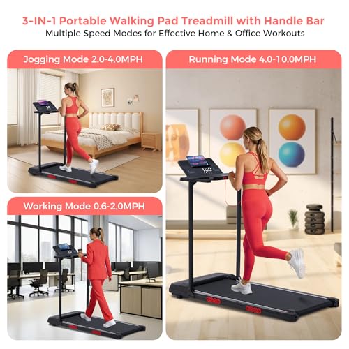 Image of Walking Pad with Handle Bar, 3.5HP Electric Portable Walking Pad Treadmill with Handles, 0.6-10MPH Running Treadmill with Handles for Home Small, Big Screen, 400LBS Capacity