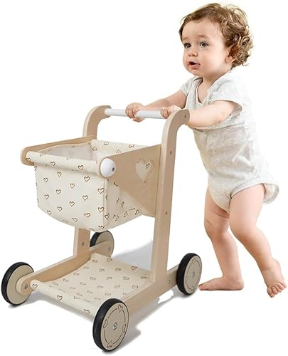 Hopscotch Squad Carrito de compras de madera para bebé, cochecito de muñeca para niños pequeños, caminante de aprendizaje educativo, carro de juego