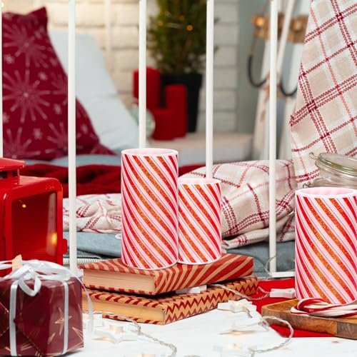 Image of Whaline Christmas LED Flameless Candles Red Glitter Stripe Warm Light Battery Operated Pillar Candles Xmas Candy Cane Stripe Electric Flickering Candles for Party Home Decor, Set of 3
