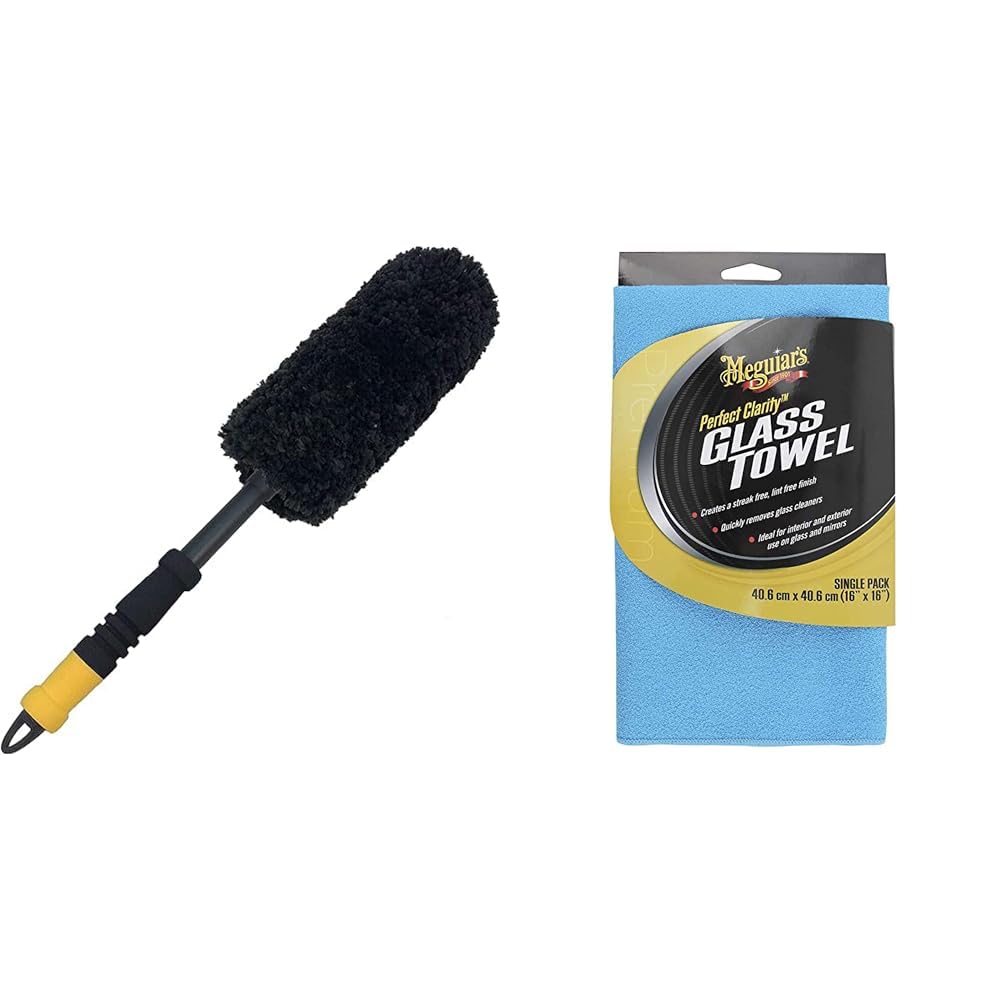 Meguiar`s X1901EU Supreme Wheel Brush Large (Wool) & Serviette Vitres & Pare-Brise Clarté Parfaite, Bleu, Large