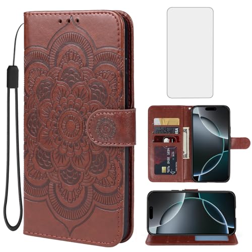 Coque iPhone 16 Pro marron avec porte-cartes et protection écran