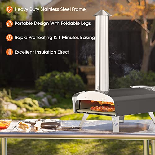 Image of Mimiuo 12 inch Outdoor Wood Pellet Pizza Oven, 34.8 lbs Heavy Duty Stainless Steel Pizza Stove - 60 Second Pizza, Includes 13 inch Square Stone Foldable Peel & Cover - Portable for Backyard Camping