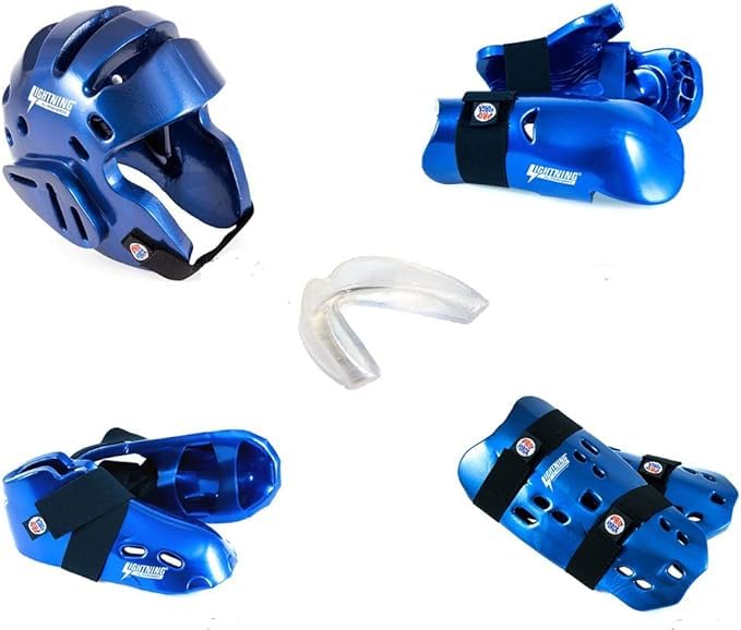 Lightning 8 Piece Deluxe Gear Set w/Shin Guards & Free Mouthpiece (Red, Child Medium)