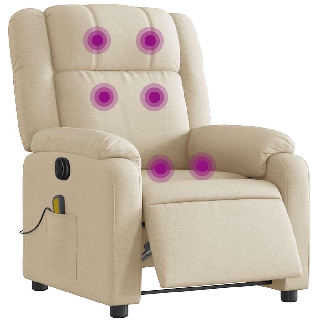 Sillón de masaje eléctrico con funda de tela en color crema, sillón de relax con 6 puntos de vibración, función reclinable eléctrica hasta 135 grados, reposabrazos anchos