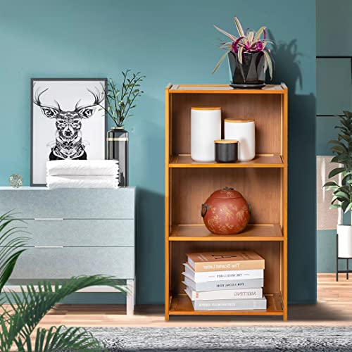 Monibloom Bamboo 3 Tier Narrow Bookshelf Freestanding Display Storage Shelves Cabinet Furniture For Bedroom Living Room Kitchen, Brown #TOP6