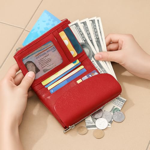 Unisex Pebble Leather Wallet, Small Wallets for Women, Women's Genuine Leather Coin Purse with Credit Card Holder, Wallets for Men and Women (Red and black)3