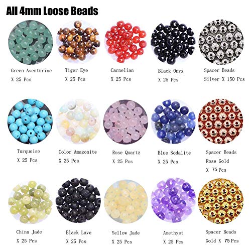 4Mm Natural Mixed Materials Gemstones Beads And Brass Tiny Spacer Round Loose Beads Jewelry Making Kit With Thread And Needles 300Pcs+300 Pcs(12 Natural 3 Brass, 4Mm) #TOP1