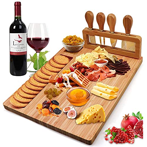 Bamboo Cheese Board Set, Cheese Tray, Charcuterie Board And Serving Meat Platter With 4 Stainless Steel Cheese Knives, Ideal For Wedding Gifts Christmas Birthday Party (14''X11'') #TOP7