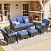 ovios 5 Pieces Patio Furniture Set Outdoor Wicker Sofa Couch with Ottomans Comfy Cushions All Weather High Back Conversation Set for Porch Deck Brown Rattan Navy Blue