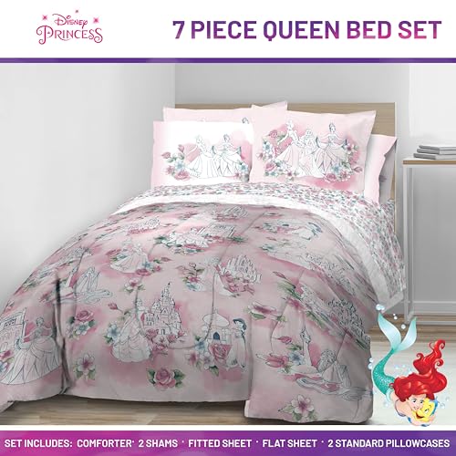 Image of Disney Princess Queen Comforter Set 7 Piece Floral Bedding for Girls, Pink | Cinderella Rapunzel Belle, Comforter Sheets Shams Pillowcases, Official Product, Microfiber, Machine Washable, Girls Gift
