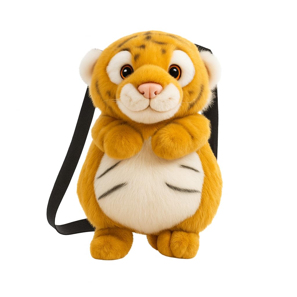 Cute Tiger Plush Sling Bag for Kids | Soft Toy Shoulder Bag with Adjustable Strap | Lightweight Animal Backpack for Boys & Girls | Travel & Gift Bag – Orange & White