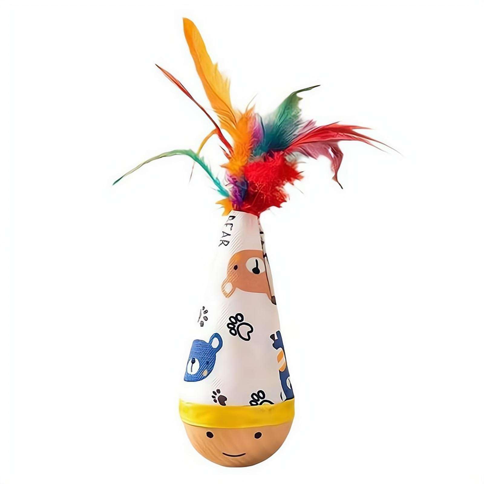 Wooden Wobble Cat Toy, Natural Beechwood Tumbler Feather Toy for Indoor Cats, Self-Righting Wobbly Teaser with Cartoon Pattern, Bite Resistant