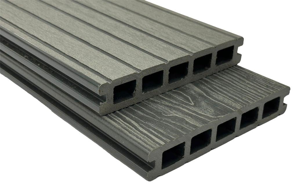 Tuda Grass DirectTuda Grass Direct | 4.8m Composite WPC Decking Boards - Deep Embossed Woodgrain Plastic Boards | 6 Colours Available | All Fixings & Edgings Included | (9 sqm | 13 Boards, Silver Grey)