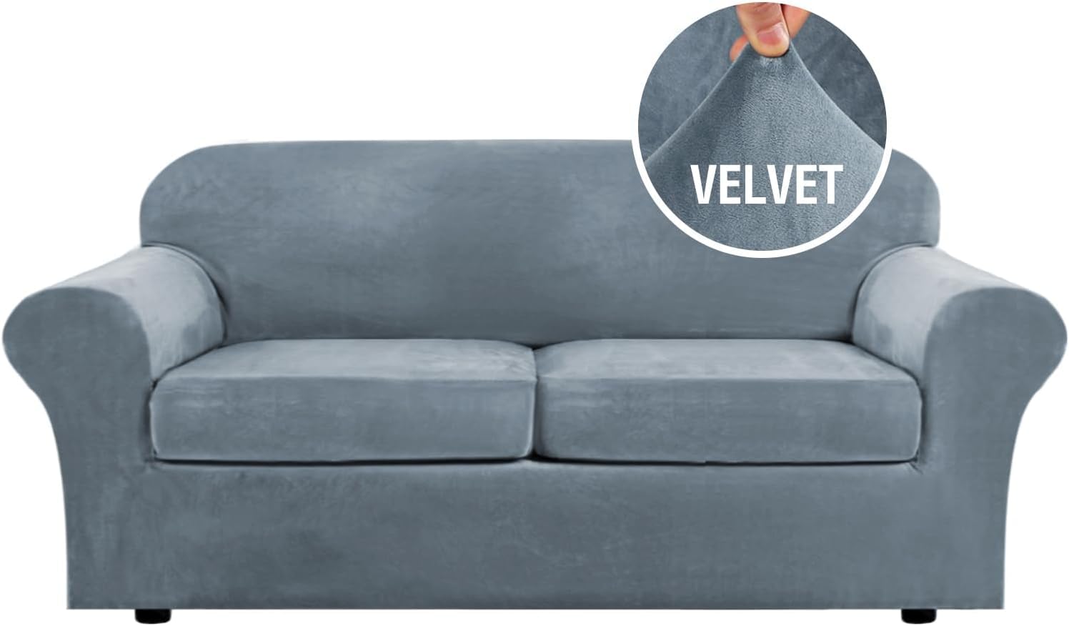 LINGKY Velvet Sofa Cover 2 Seater With 2 Separate Sofa Seat Cushion Covers, Stretch Couch Cover Non-Slip Sofa Slipcovers for Living Room Furniture Protector (Stone Blue,Large 2 Seater) — image 1
