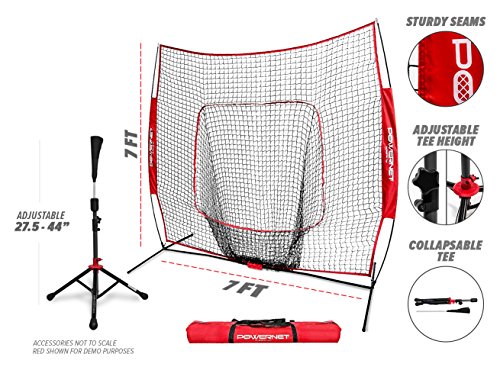 PowerNet Baseball Softball Practice Net 7x7 with Deluxe Tee (Yellow) | Practice Hitting, Pitching, Batting, Fielding | Portable, Backstop, Training Aid, Bow Frame | Training Equipment Bundle