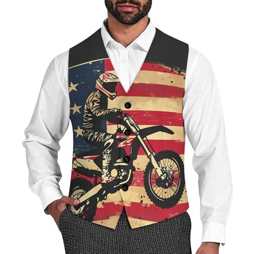 U.S Flag Motocross Dirt Bike Novelty Men's Suit Vest Funny Formal Dress Vests Business Waistcoat