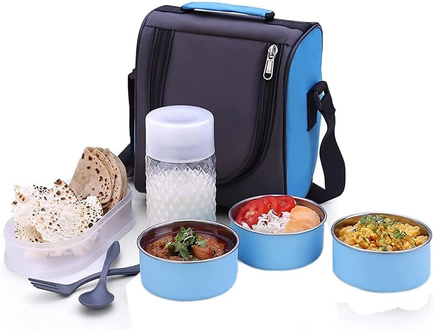 Tiffin Box-Lunch Box | 3 Stainless Steel Containers | Plastic Lid Box | Spoon & Fork | Insulated Fabric Bag | Leak Proof | Microwave Safe | Full Meal | Easy to Carry (Sky Blue), 1100 Ml