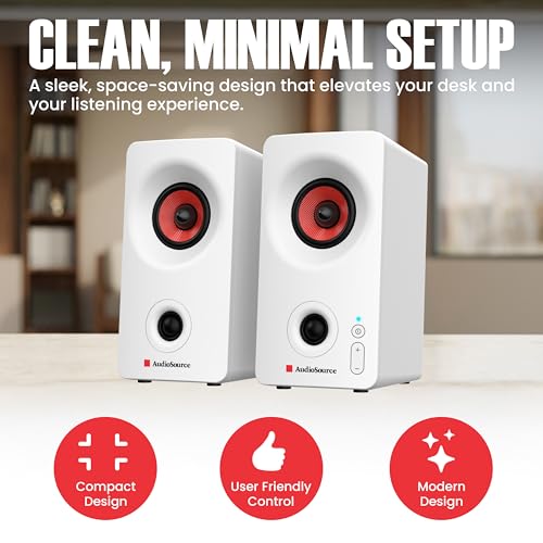 Image of Audiosource Desktop PC Speakers with Bluetooth 5.3, USB-C Plug & Play, 2.0 Stereo Computer Speakers with Dual 2 inch Drivers, Compact Design, AUX Input, LED Indicator (White)