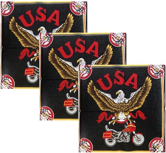 Motique Accessories Set of 3 Large Cotton American Flag Bandanas (USA Eagle)