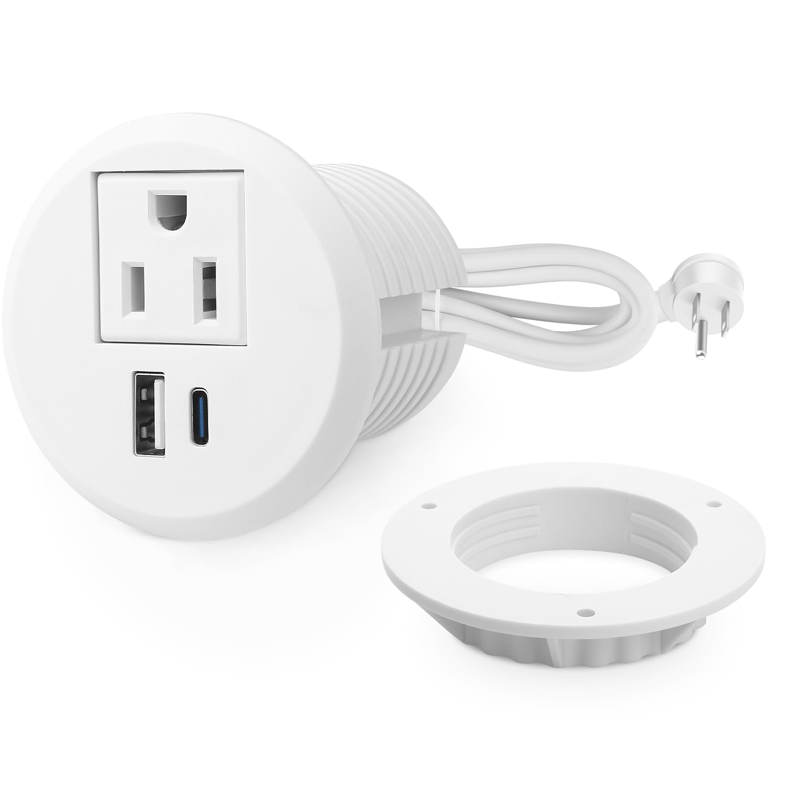 white 2 inch desk power grommet outlet, recessed power strip socket with 1 usb-a, 20w pd fast charging usb-c grommet ,connect 1 ac plug for furniture conference room office kitchen table