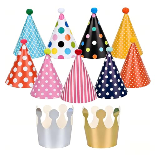 upkpvid 11Pcs Cone Party Hats With Pom Poms 9 Hats Plus 2 Crowns Birthday Party Headwear Colorful Decorative Caps For Kids Girls Boys Adults Festival Celebration
