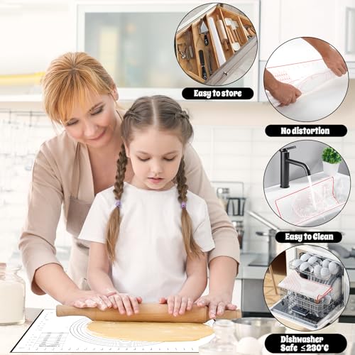 WECUTE Backmatte Silikon 70 x 50 cm Backunterlage Silikon Rutschfeste mit Messung, Wiederverwendbar Fondant Zubehör für Teig, Fondant, Macarons, Kekse (Mit 3 Stück Teigschaber 1 Bürsten) (Schwarz)