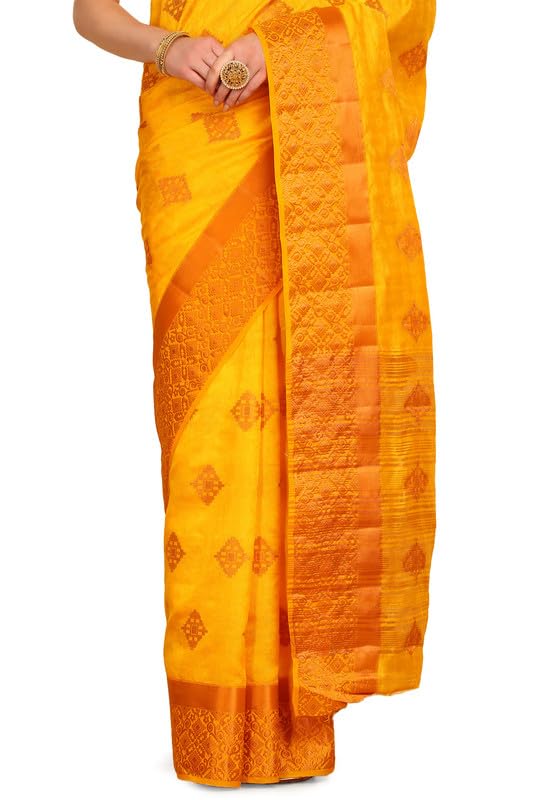 Image of Soch Womens Mustard Geometric Woven Design Brocade Weave Art Silk Saree