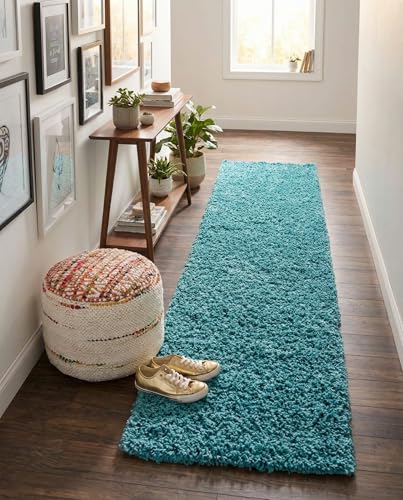 Rugs.com - Uber Cozy Solid Shag Collection Rug  16 Ft Runner Deep Aqua Blue Shag Rug Perfect for Hallways, Entryways