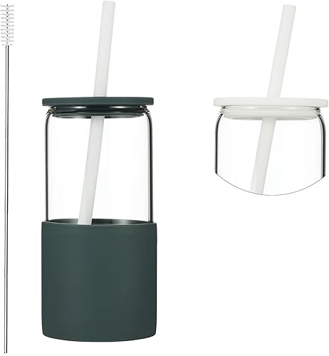 Sunseeke Vaso de vidrio con popote y tapa, taza de café helado de 16 onzas, cepillos de limpieza de fundas de silicona, vasos para agua, café