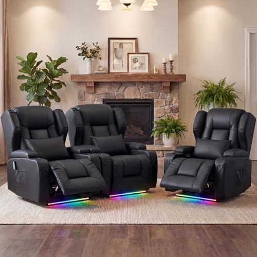 Image of Oprisen Wall Hugger Power Recliner Chair Set of 3, Overstuffed Home Theater Seating w /Heat Massage Electric Movie Gaming Sofa Reclining Sleeper Chair with LED Light /Lumbar Pillow /Cup Holders