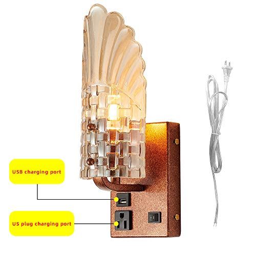 USB Bedside Wall Light with Outlet,Vintage Wall Mounted Lamp Amber Glass Lampshade,Indoor Wall