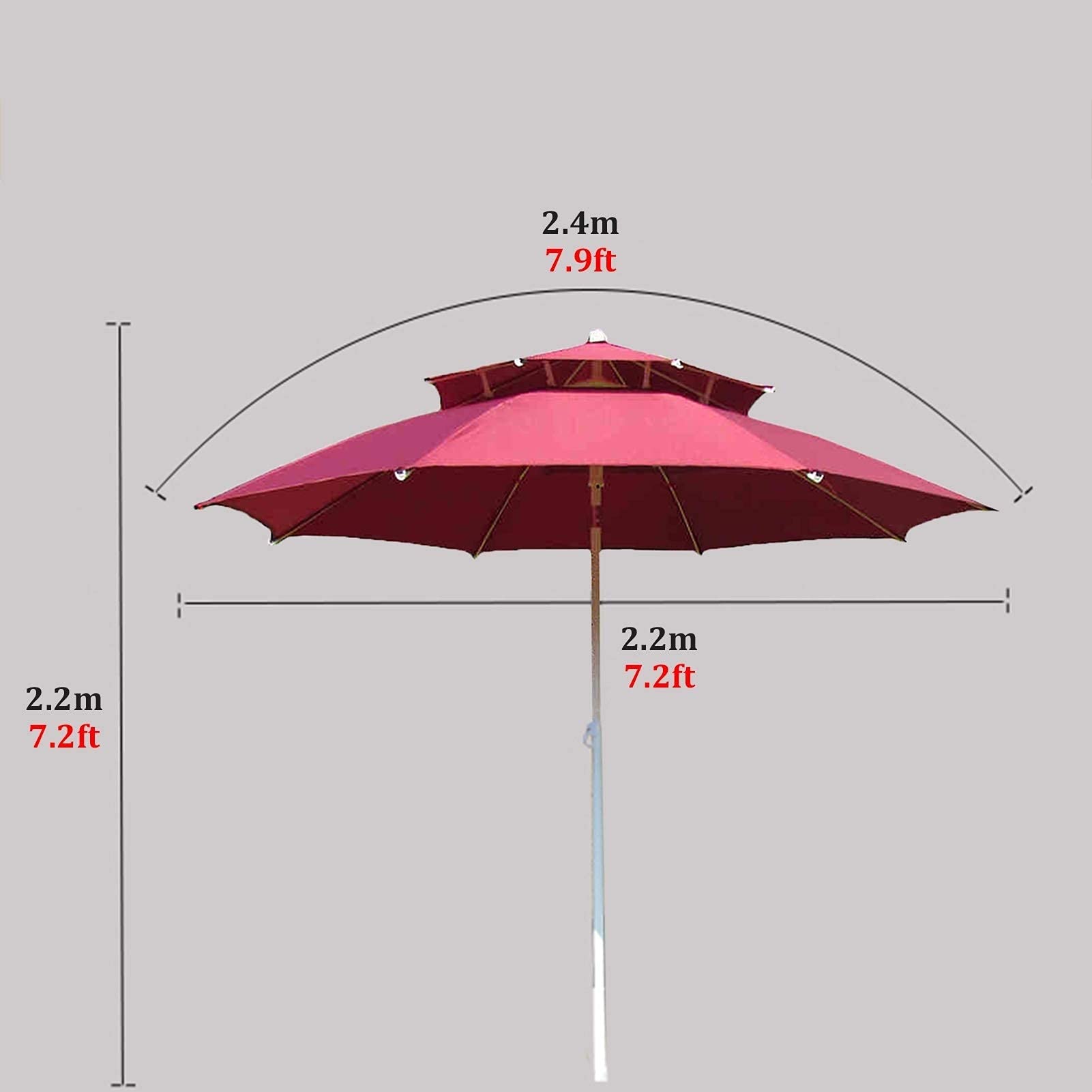 Parasol ogrodowy,Duży parasol handlowy 2,4 m/7,9 stopy, czerwona ochrona przed słońcem z 6 żebrami i żelaznym drążkiem, okrągły parasol do ogrodu przy basenie