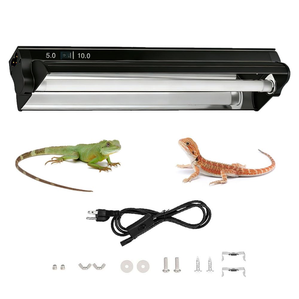 T5 HO UVB Reptile Light Fixture Combo Kit, Switchable 10.0 & 5.0 UVB Bulb, 8W Fluorescent Tube 12 Inch UVA/UVB Output Lamp for Rainforest Species and Desert Reptiles