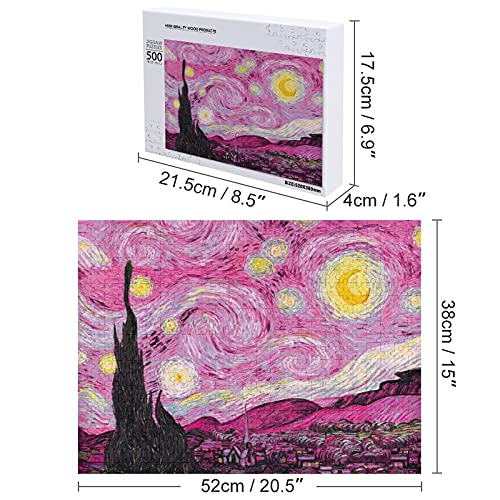 Houten puzzel 500 STKS voor volwassenen en kinderen, wereldberoemde schilderij roze sterrennacht moeilijke uitdaging… - Image 4