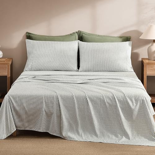 Image of Monbix Full Size Comforter Sets-7 Pieces Soft Bed in a Bag Full Bedding Set | All Season Olive Green Prewashed Comforter Bed Set with Striped Sheets, Pillowcases & Shams