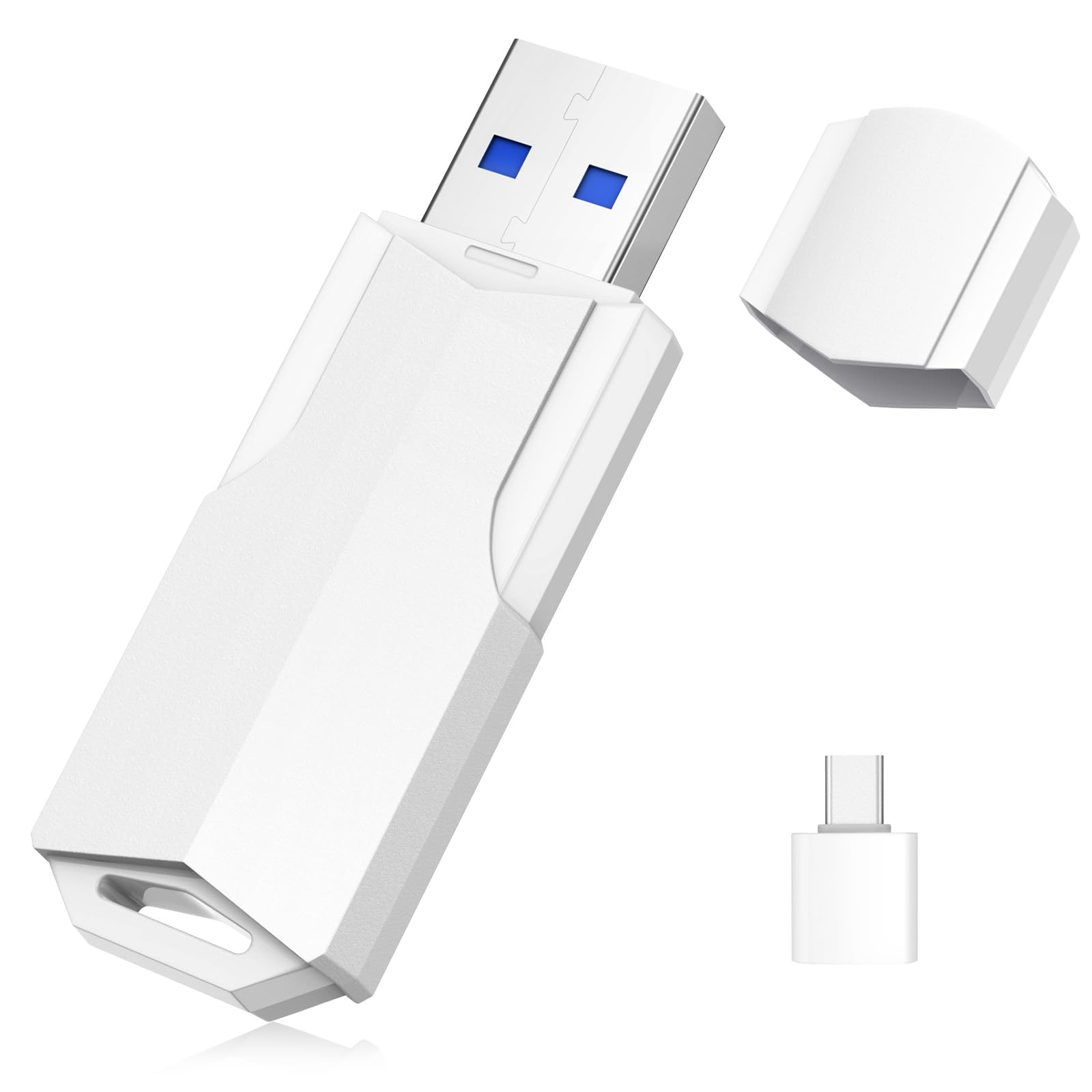 Wooolken USB Stick 64GB 3.0, Wooolken High-Speed USB 3.0 Flash- Laufwerk 64 gb mit USB-C Adapter & Kappe und Lanyard LED-Anzeige（64GB Weiß）