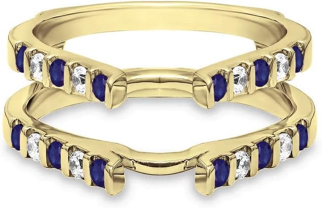 Round Cut Blue Sapphire & Diamond Enhancer Guard Wedding Band for Women, 14K Gold Finish Ladies Bezel Set Diamond Contour Curve Matching Band