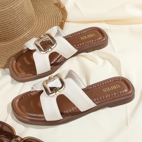 Image of UBFEN Womens Square Toe Flat Sandals Slides Dressy Comfortable for Beach