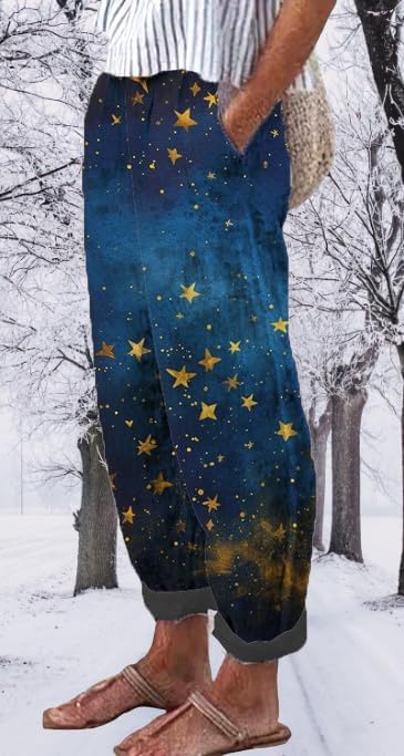 Womens Fashion 2024 Summer Casual Star Printed Palazzo Pants Loose Elastic Waist Cotton Trouser Flowy Leg Pants - Image 2
