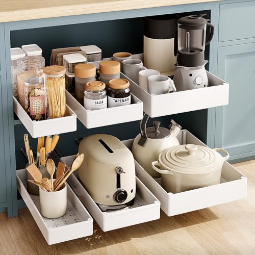 SOLEDI 3 Pack Pull Out Cabinet Organizer Pull Out Drawer for Kitchen Cupboard No Punch for Kitchen Cabinets Bathroom Cabinet Organizer Pantry Slide Out Drawers Shelf Storage Cream White 3 Sizes