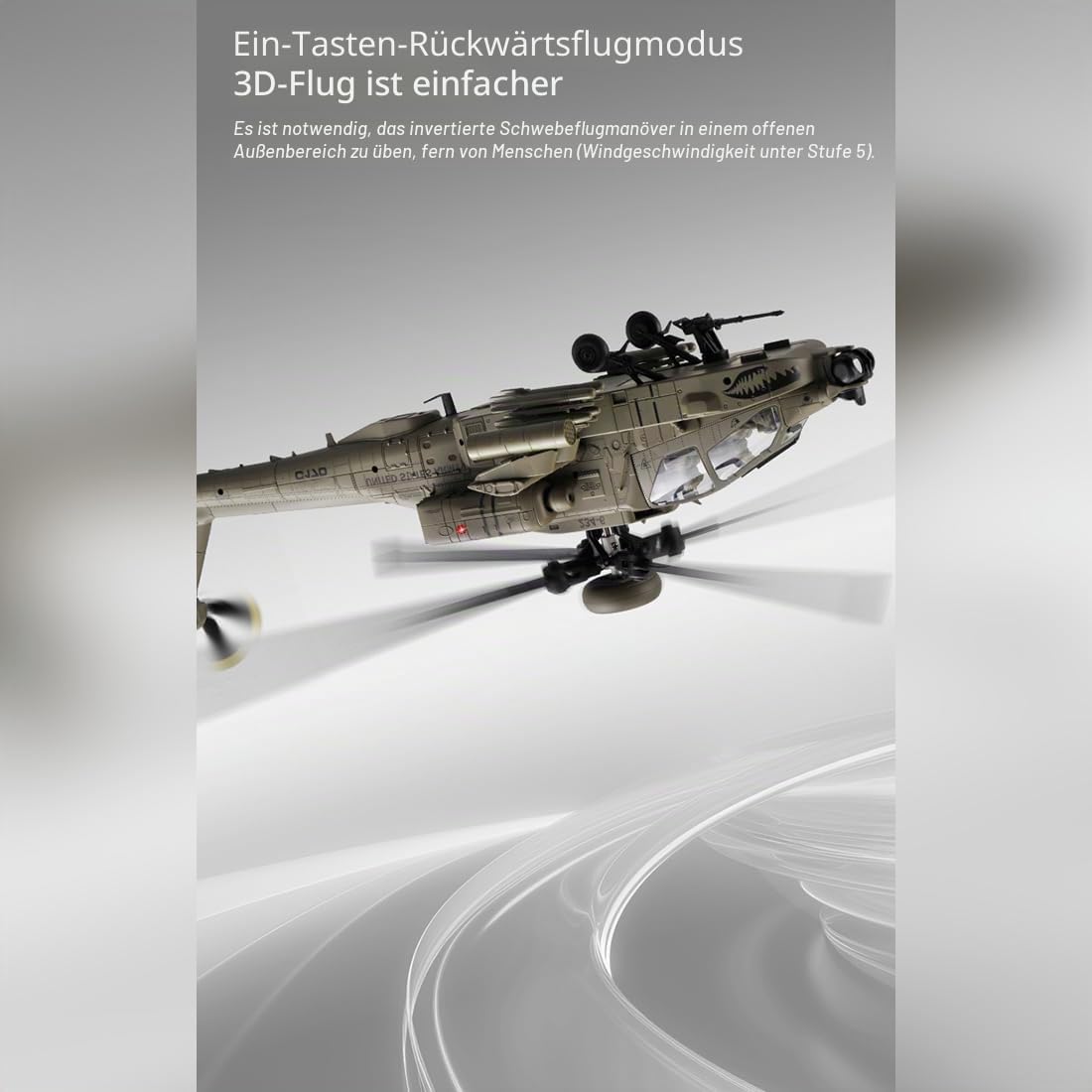 C170 AH-64D RC Hubschrauber im Maßstab 1:48 mit Ein-Tasten-Rückwärtsflug, 6-Kanal Flybarless Brushless RC Helikopter mit optischem Fluss und TOF-Höhenhaltung für Modellbauer - Armeegrün / 4 Batterie