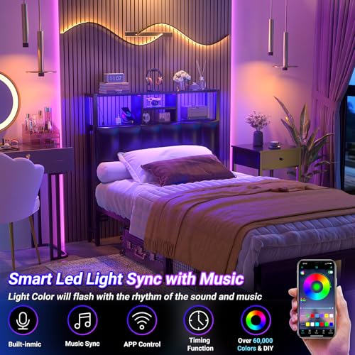 Image of Aheaplus Headboard for Twin Size Bed with Storage, Upholstered Headboards | with Outlets, USB Ports and LED Light, Reversible Twin Size Head Board, Height Adjustable, Comfortable Headboard, Black