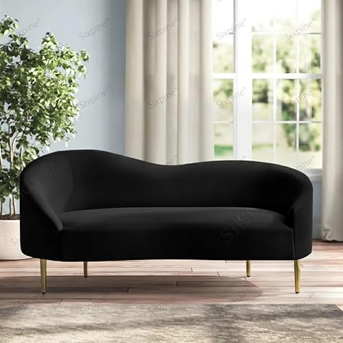 Image of Rosewood Luxury Curved Sofa in Premium Velvet-Fabric | Solid Wood Structure | High Density Foam | Sturdy Golden Legs | Comfortable & Stylish Couch for Living Room (Black, 2 Seater)