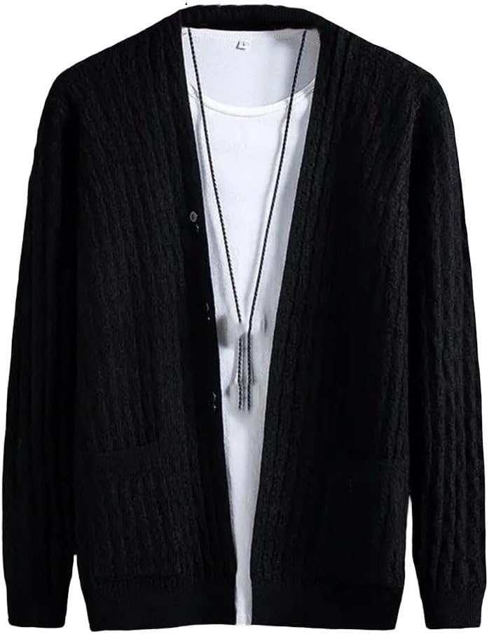Men’s V-Neck Knit Cardigan Button Front Loose Fit Sweater Casual Layered Outwear