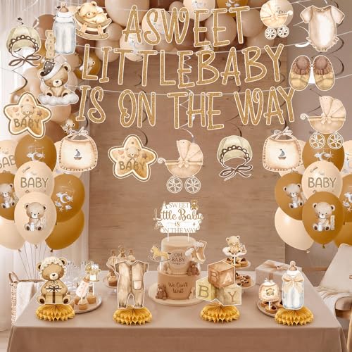 Teyva Daily 51pcs Neutral Gold Baby Shower Party Decorations a Sweet Little Baby Is on The Way with Banner Cake Toppers Honeycomb Balls Set for Bear Neutral Gender Reveal Themed Party Decorations — view 5