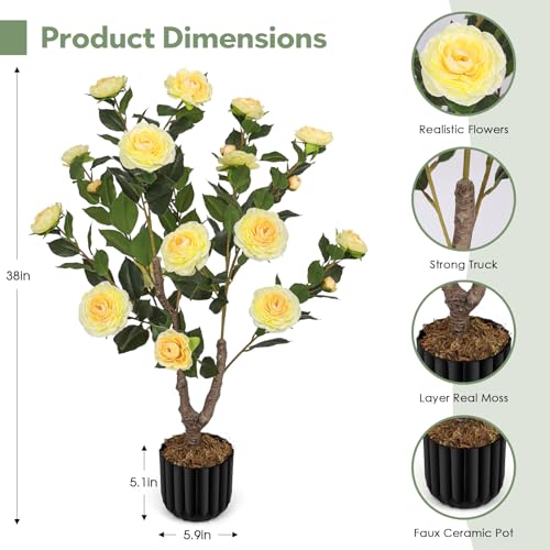 Artificial Camellia Tree for Indoor and Outdoor, Faux Flower Tree Plant in Pot Fake Topiaries for Home Front Porch Decor(1, Yellow) - Thumbnail 3