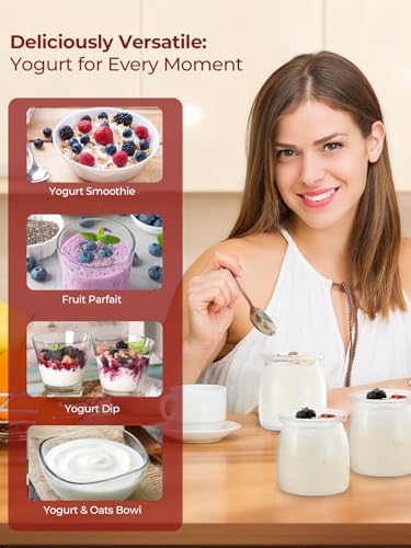 FOHERE Joghurtbereiter 25W inkl. 12 Glasbehälter à 180 ml für bis 2,16L Selbstgemachten Joghurt, Griechischer Joghurtmaschine mit Temperatur und Timer, LCD Display, Abschaltautomatik, BPA-frei
